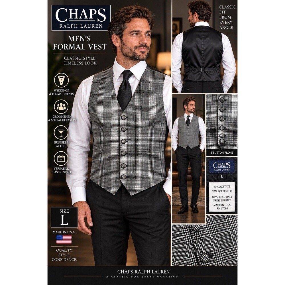 CHAPS Ralph Lauren Mens L Plaid Formal Vest Black White Made USA Vintage